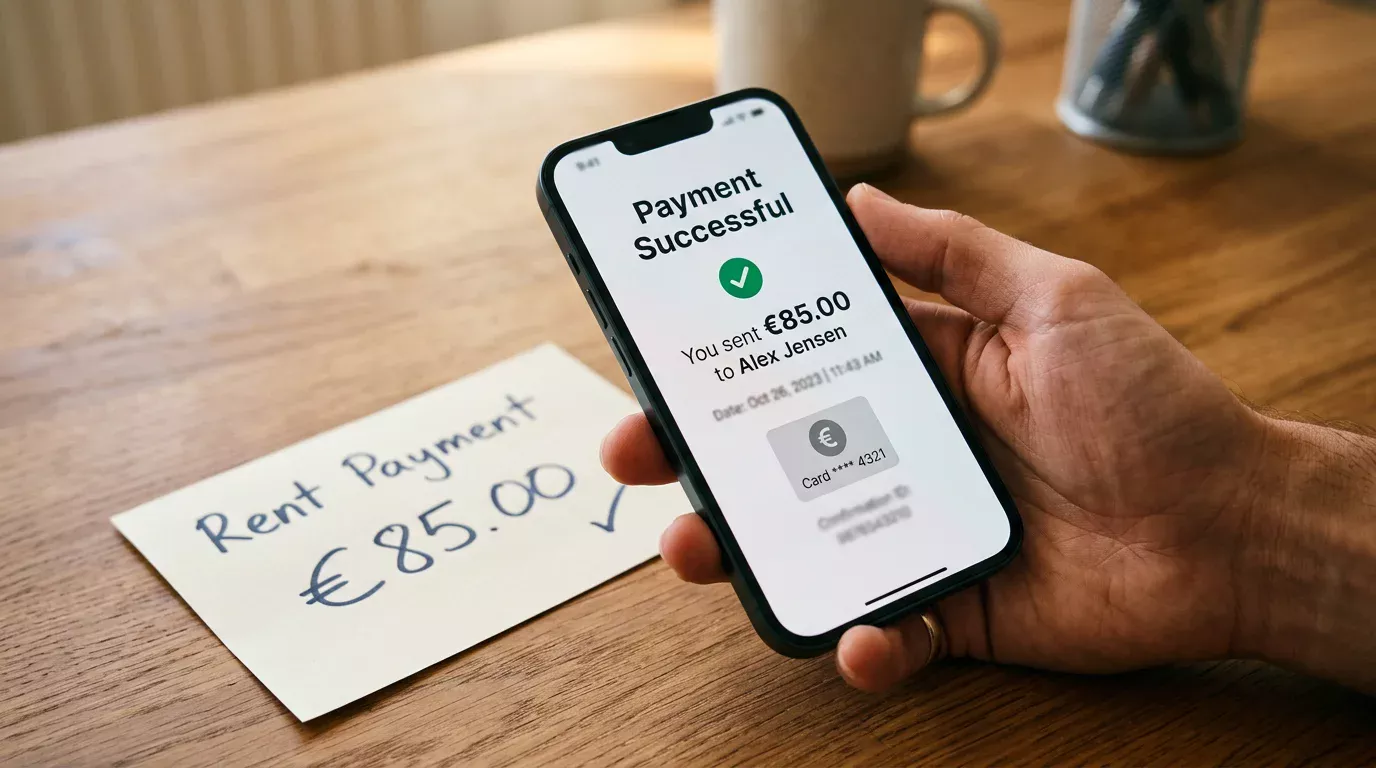 Smartphone con app de monedero electrónico iniciando una retirada hacia una tarjeta bancaria española sobre un escritorio