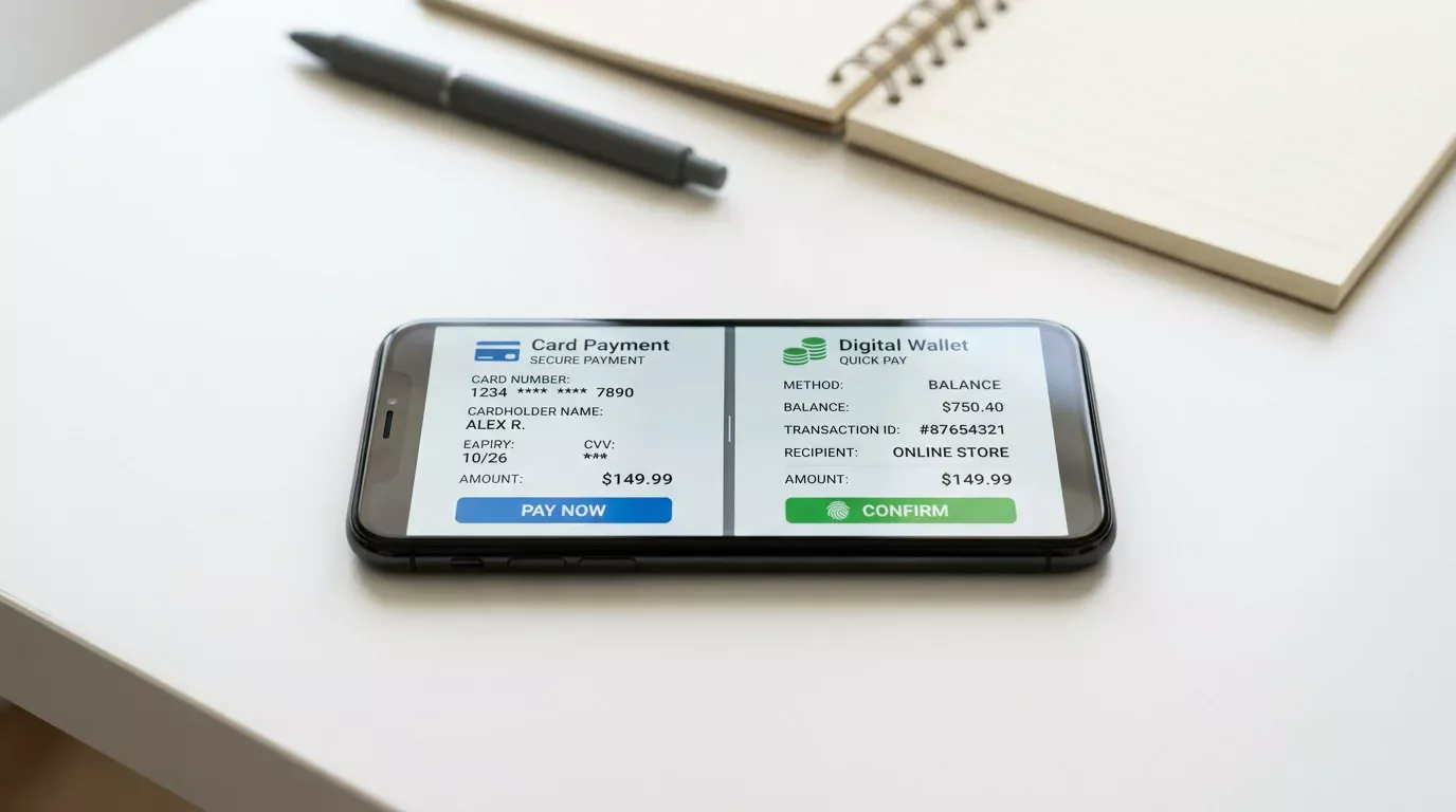 Smartphone dividido visualmente en dos lados comparando dos interfaces de pago electrónico sobre una mesa moderna